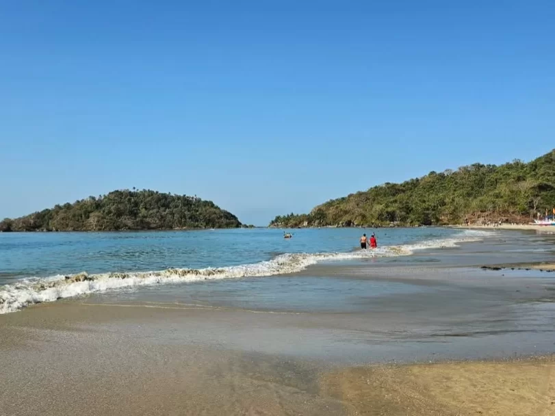 Palolem Beach Goa turquoise waters golden sands Arabian Sea, lush green Butterfly Island hills distant boats, perfect Goa crescent beach island views package