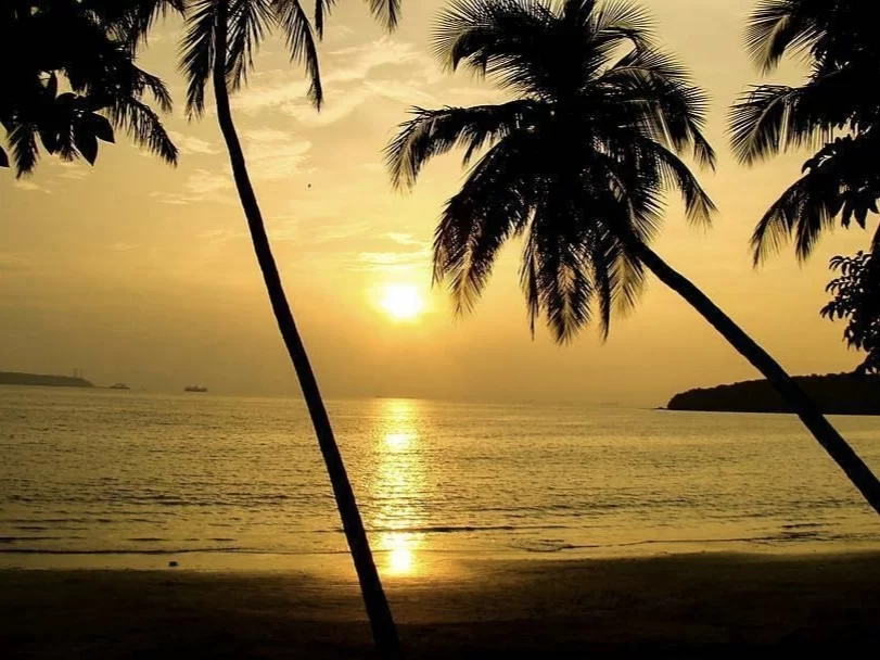 Silhouette palm trees at Bambolim Beach Goa during golden sunset, featuring sun rays sea waves and distant ships, perfect romantic experience Goa beach tour package. 