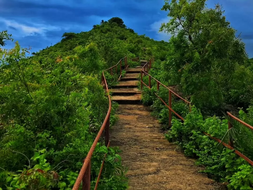 Close-up view of metal-railed stone staircase trek ascending lush green Biswanath Mundia Hill Delang Puri Odisha under dramatic cloudy skies, perfect adventure hike Odisha tour package.