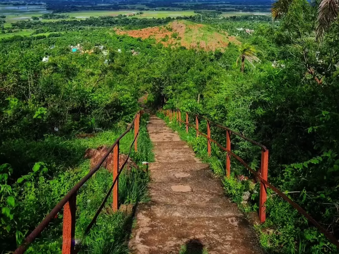 Panoramic view from Biswanath Hill trek path Delang Puri Odisha showing metal-railed stone staircase descending through lush greenery with paddy fields, villages, and distant hilltop temple, perfect adventure heritage Odisha tour package.