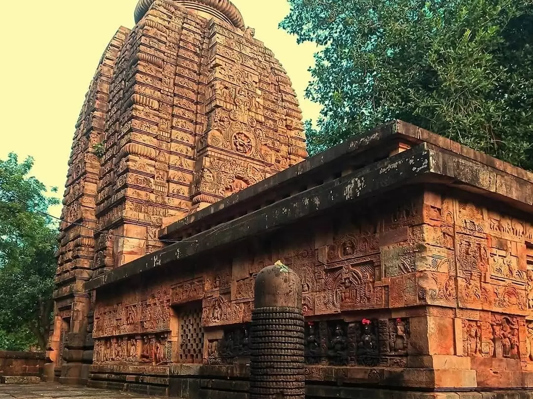 Parsurameswara Temple Bhubaneswar 7th century Kalinga architecture red sandstone tower intricate carvings trees, perfect Odisha temple heritage tour package. 