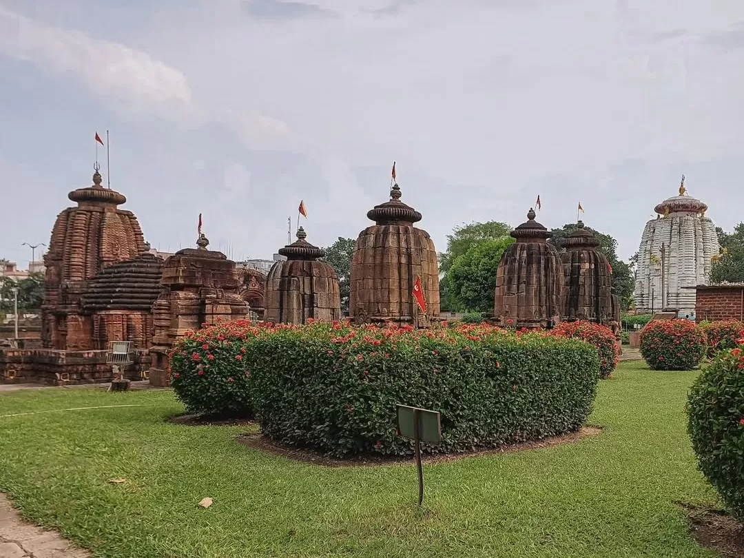 Parsurameswara Temple Bhubaneswar temple cluster red sandstone vimanas flags landscaped garden hedges cloudy sky, perfect Odisha Kalinga heritage tour package.