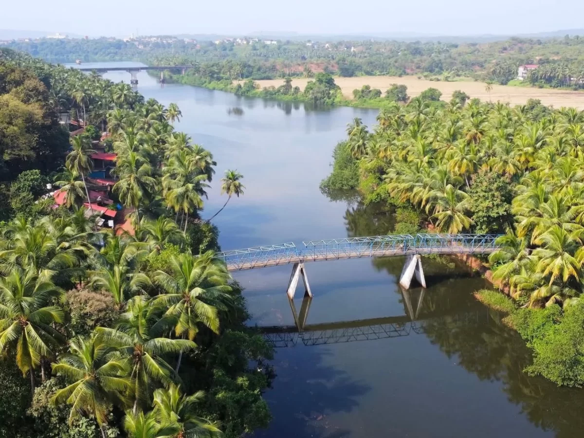 Panoramic aerial view of Zuem Bridge over river Majuli Assam during sunny day, featuring coconut groves, rooftops and reflections, perfect adventure experience Majuli tour package. 