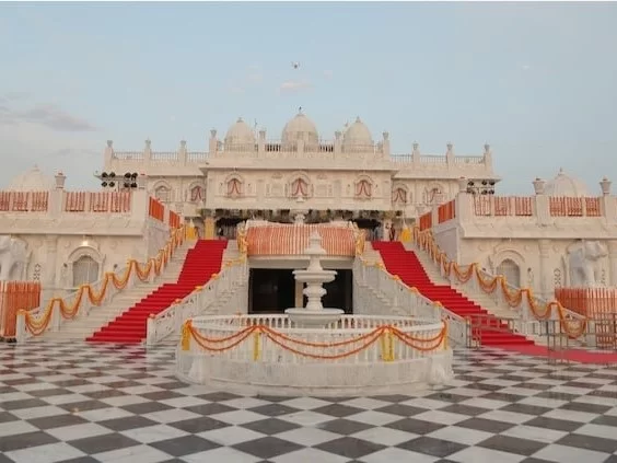 ISKCON Temple Rajkot grand Hindu temple dedicated to Lord Krishna with white marble architecture in Gujarat