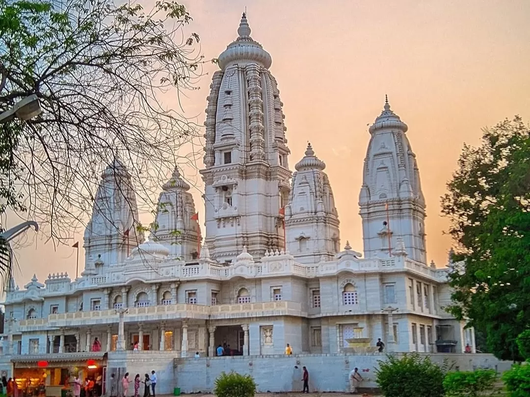 JK Temple Kanpur white marble Hindu temple with tall shikharas at sunset, Uttar Pradesh