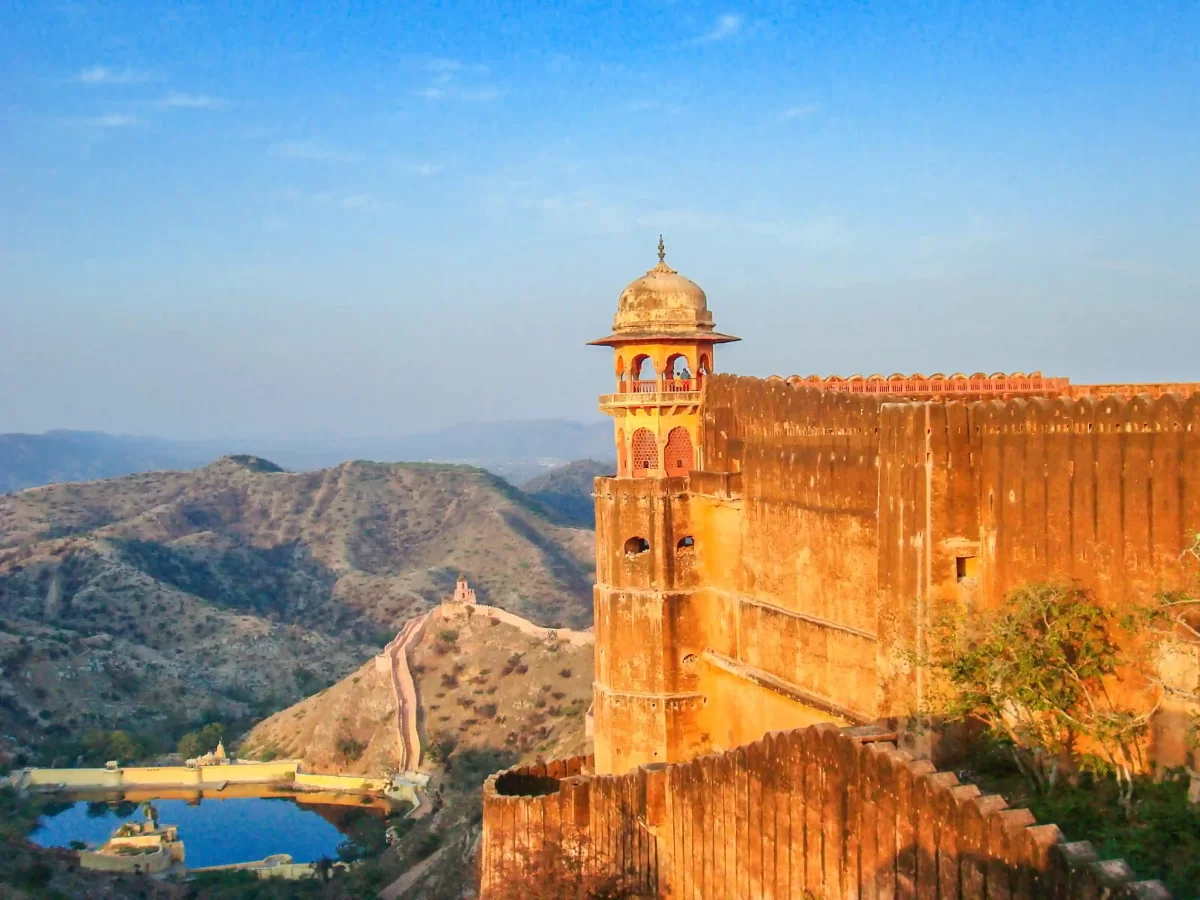 Jaigarh Fort formidable "Victory Fort" featuring massive red sandstone walls, the world's largest wheeled cannon, and panoramic views of Amber Fort in Jaipur Rajasthan.