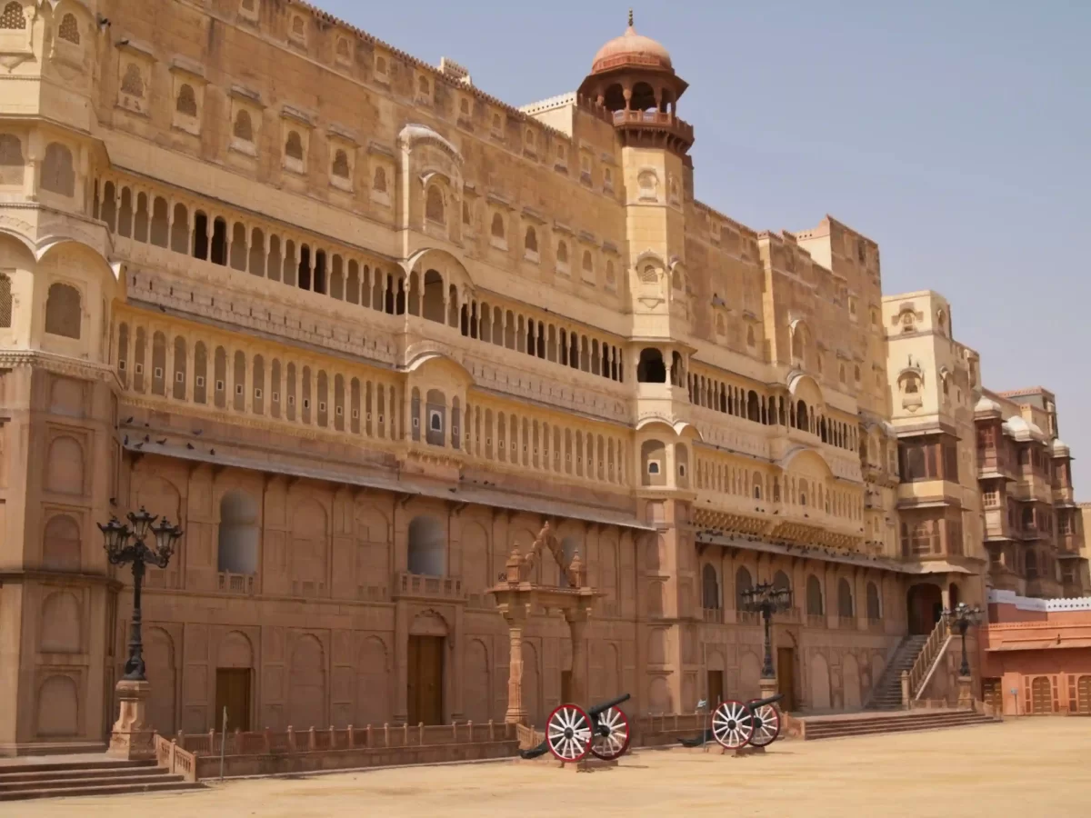 Junagarh Fort massive unvanquished fortification featuring ornate red sandstone and marble palaces, intricate stone carvings, and a rich collection of royal armory in Bikaner Rajasthan.