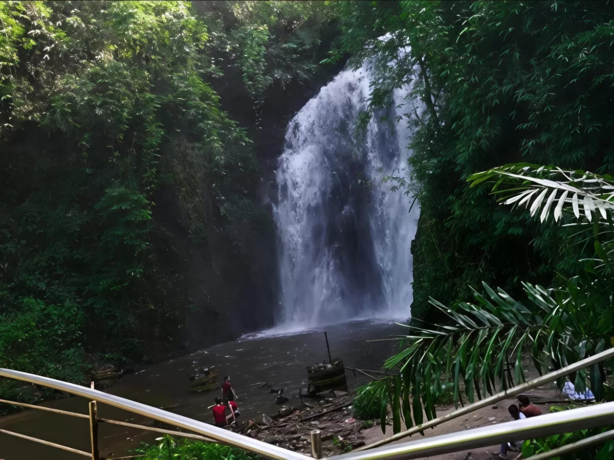 Majestic Kaipholangso Waterfall at Kaziranga during sunny day, featuring lush green forest bamboo and cascading water, perfect adventure experience Kaziranga tour package.