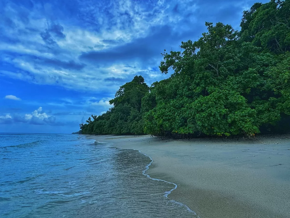 Lush green rainforest backdrop white sandy shore turquoise waves Kalapathar Beach Havelock Island Andaman dramatic cloudy blue sky, perfect pristine black rock-lined sunrise beach Andaman tour package.