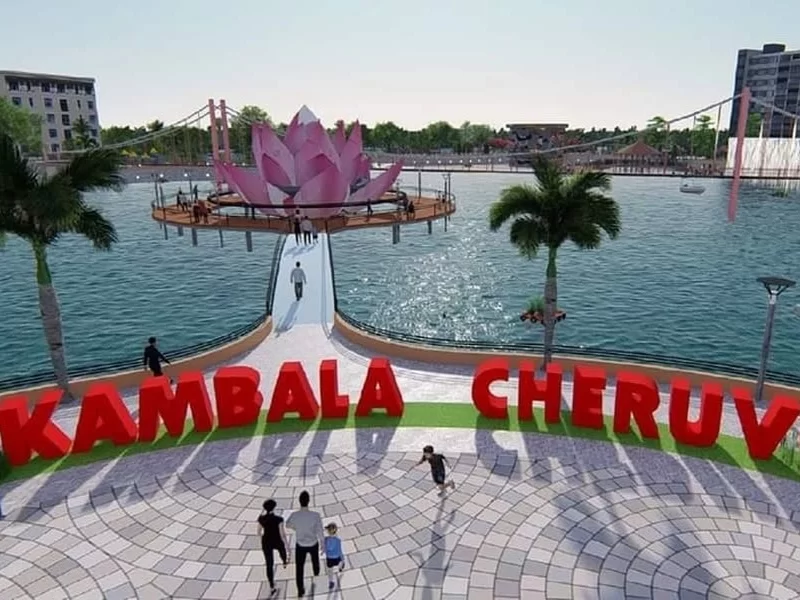 Kambala Cheruvu Park Rajahmundry scenic lake view and lotus structure in Andhra Pradesh tour packages.
