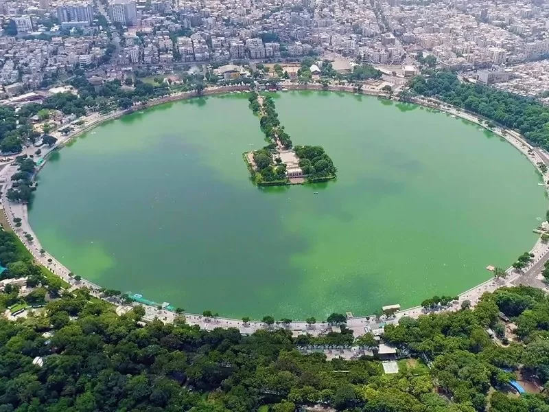 Kankaria Lake, historic circular lake in Ahmedabad known for its island garden, lakeside promenade, zoo, and vibrant recreational activities.