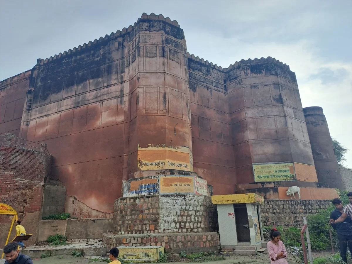 Kans Quila Mathura ancient riverside fort with massive red sandstone walls, historic Mughal-era monument Uttar Pradesh