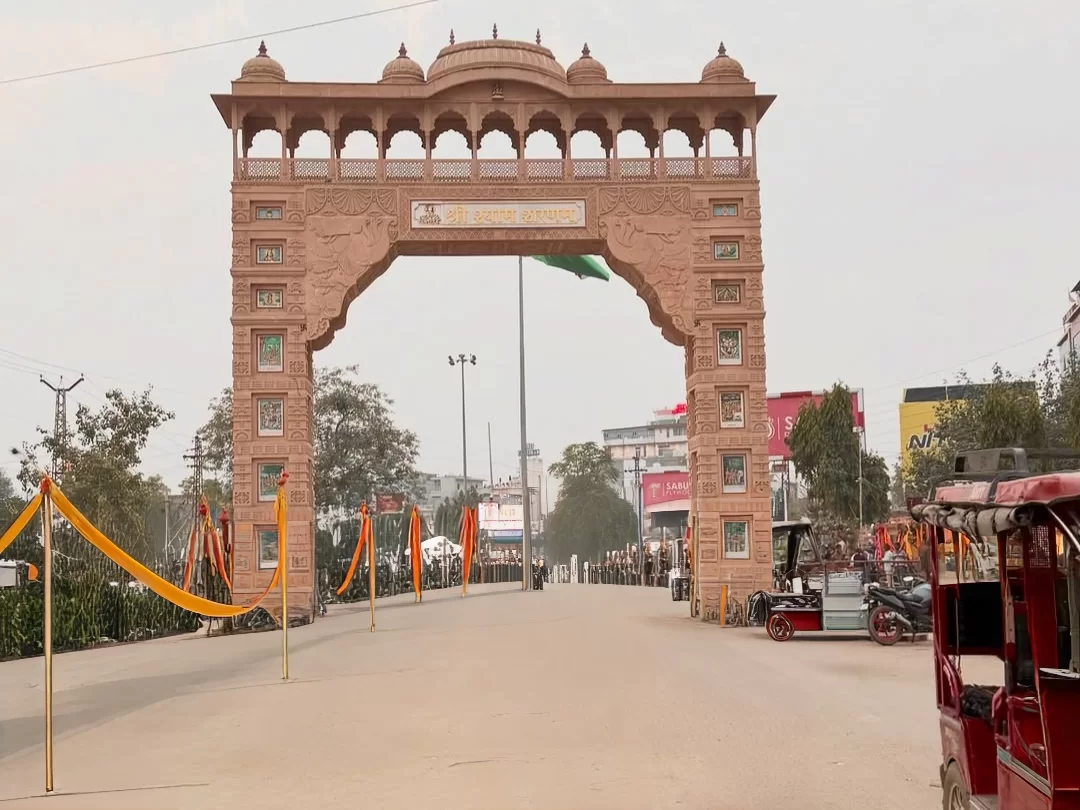 Shree Khatushyam Temple grand entrance gateway arch with traditional architecture in Rajasthan tour packages.