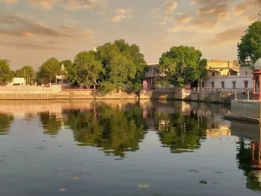 Kolayat Lake Bikaner Sacred desert oasis with 52 ghats and banyan trees dedicated to Sage Kapil Muni Rajasthan.