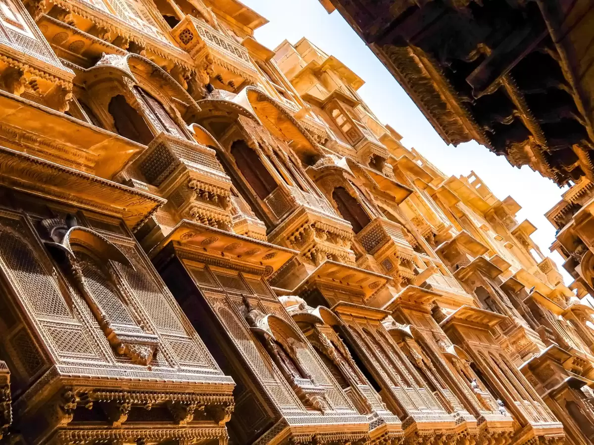 Kothari Patwon Ki Haveli Jaisalmer Five grand yellow sandstone mansions with intricate stone carvings and balconies Rajasthan.
