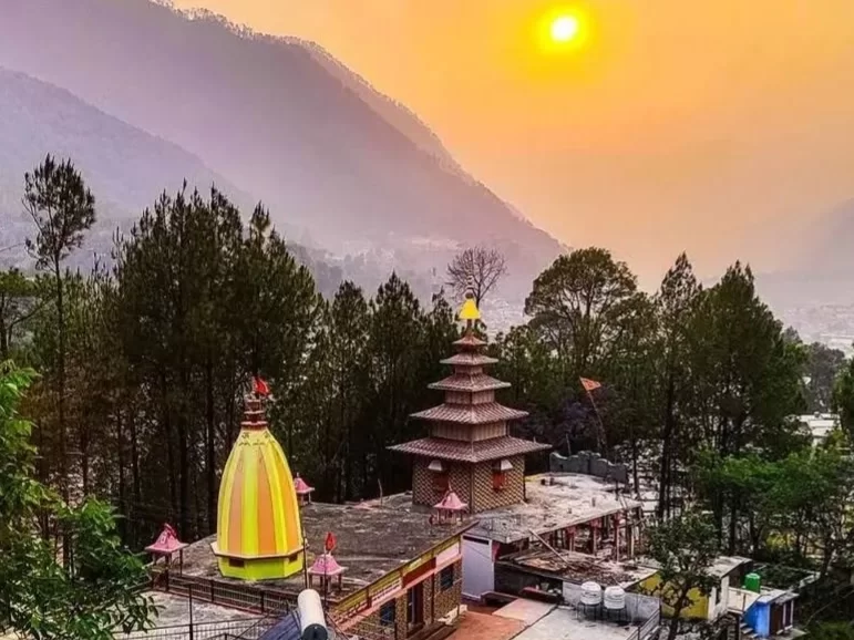 Kuteti Devi Temple Almora hilltop Hindu shrine with sunset views over Kumaon Himalayas Uttarakhand
