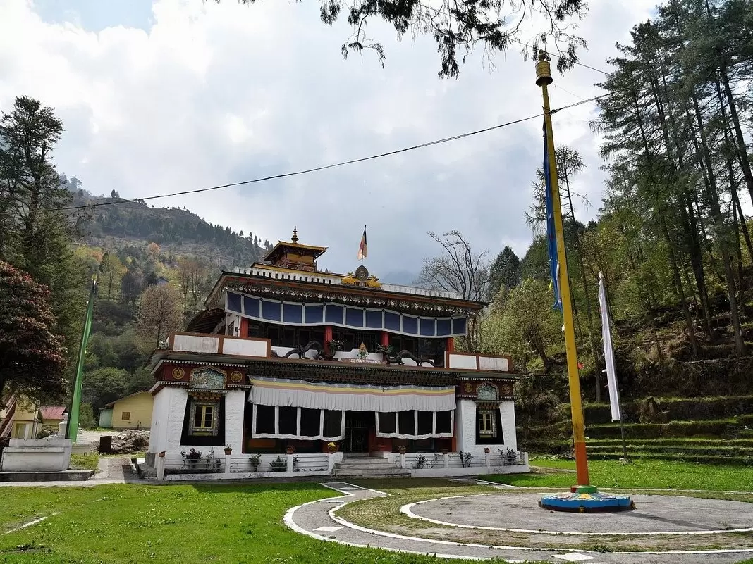 Lachung Monastery Sikkim with golden roofs and prayer flags amid pine forests under cloudy sky, perfect cultural North Sikkim tour package.