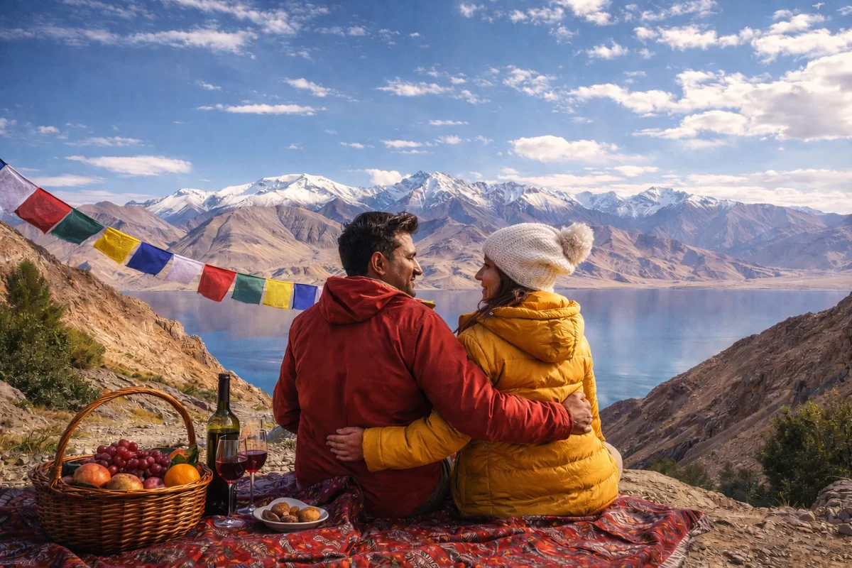 A romantic couple enjoying a scenic picnic overlooking Pangong Lake on a Leh Ladakh honeymoon package, with colorful prayer flags, a gourmet fruit basket, and wine set against a backdrop of snow-capped mountains and crystal-clear blue water.