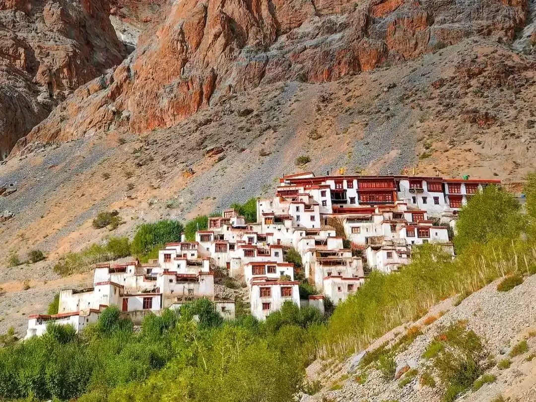 Tiered white Lingshed Gompa clustered on terraced hillside amid green bushes against dramatic red rocky Zanskar mountains Ladakh India remote monastery village view, perfect Ladakh Zanskar tour package.