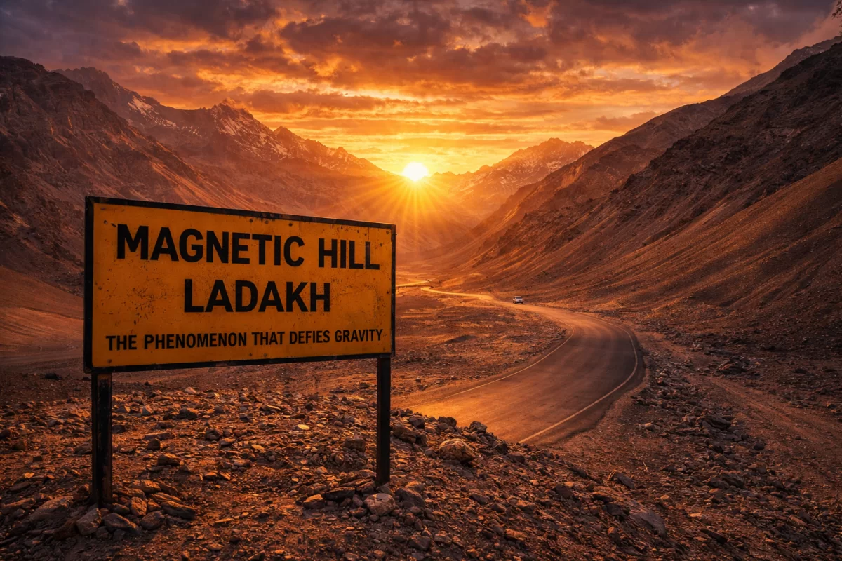 Yellow Magnetic Hill Ladakh – The Phenomenon That Defies Gravity sign at sunset on a barren roadside in the dramatic Ladakh mountains, with a curving highway and orange sky.