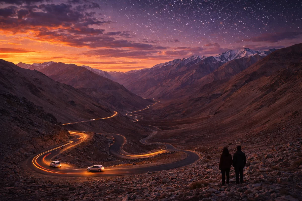 Leh Manali Highway at stunning twilight: winding road with car light trails snaking through Himalayan valley, silhouetted couple against orange-purple sunset sky and starry night over rugged peaks