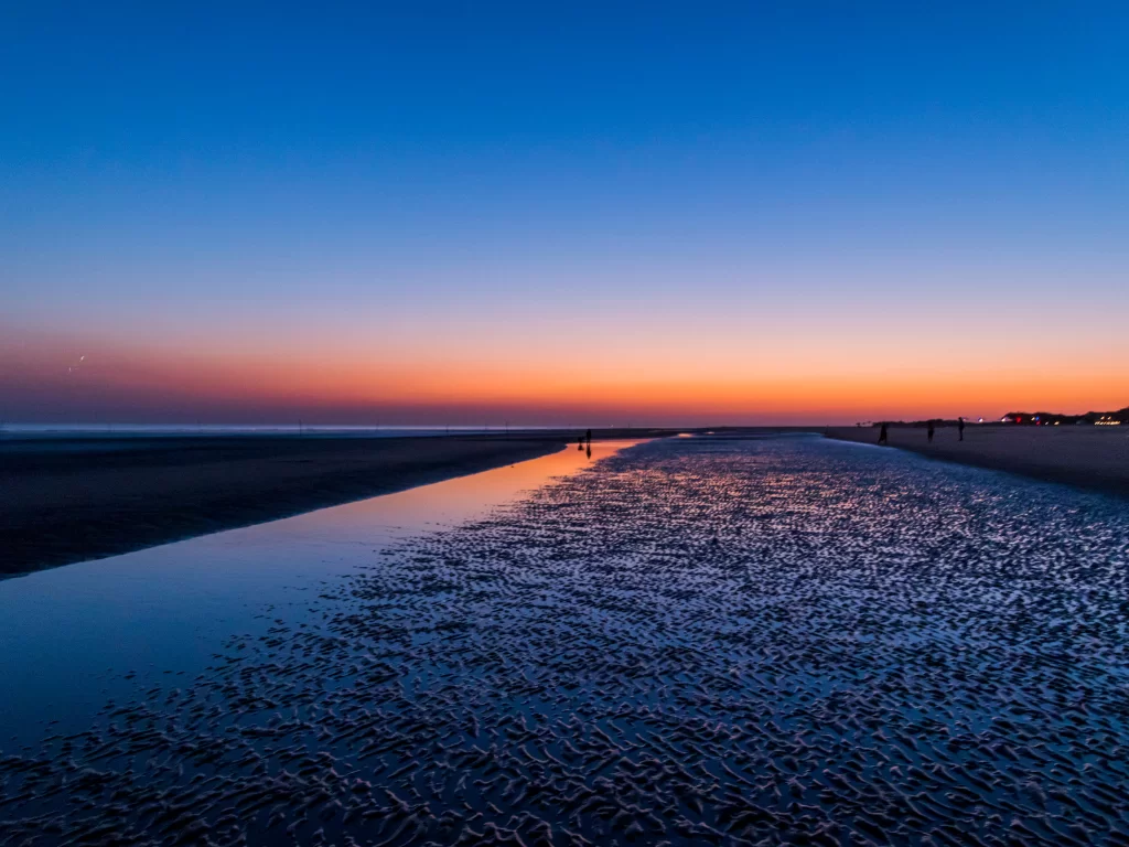 Mandvi Beach sunset at Kutch Gujarat during twilight, featuring distant silhouettes, blue-pink skies, water reflections on white sands and Arabian Sea waves, perfect romantic experience with Gujarat tour packages.