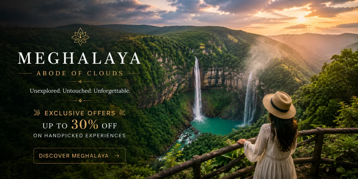 Woman overlooking lush green Meghalaya valleys with dramatic waterfalls, turquoise natural pools, and mist-covered cliffs during golden sunset in Northeast India.