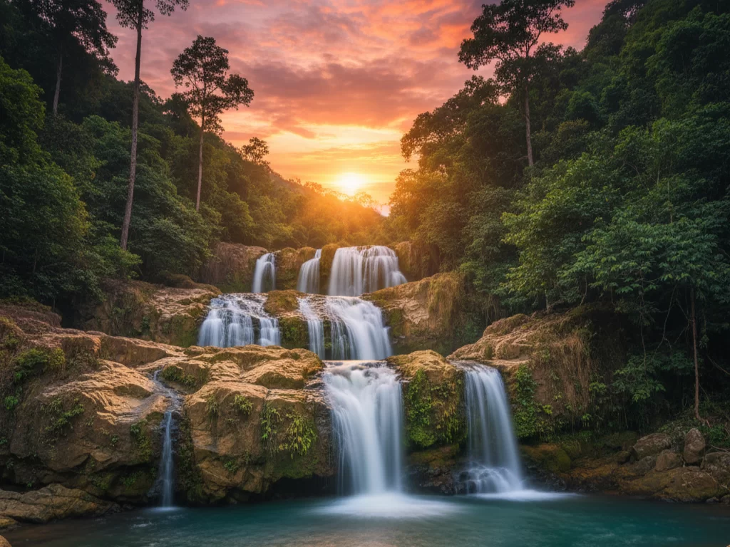 Double Decker Living Root Bridge at Cherrapunji during morning, featuring lush jungle and stream, adventure Meghalaya tour package.