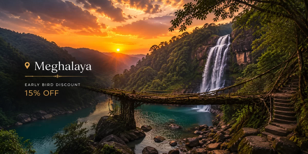 Meghalaya travel banner featuring living root bridge, waterfall, lush green valleys, and sunset landscape with early bird discount offer.