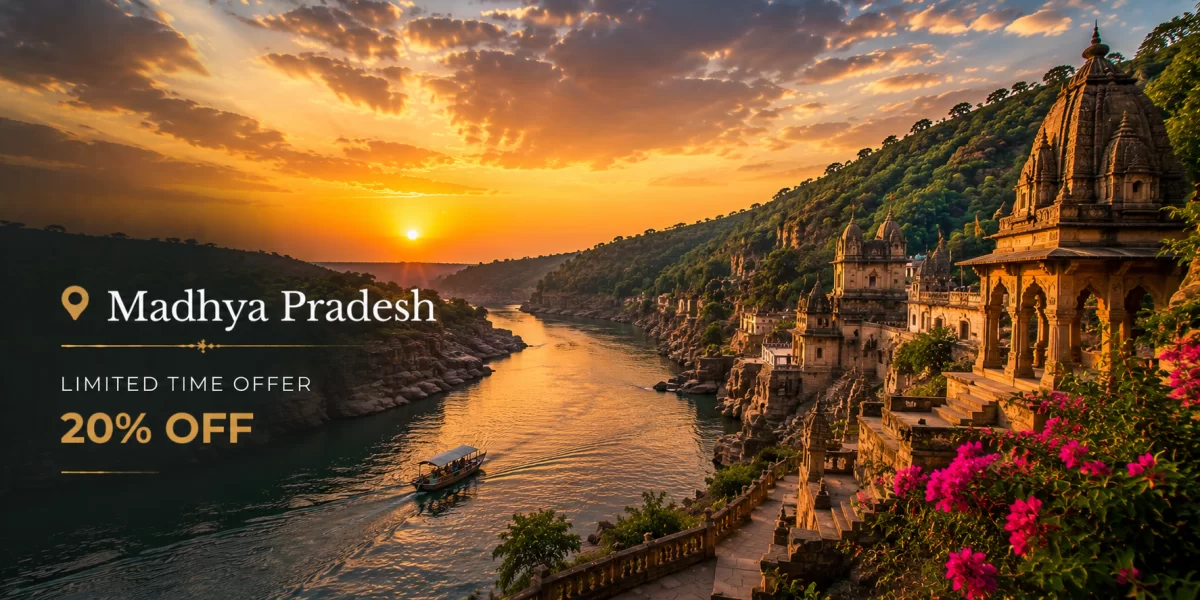 Sunset view of Madhya Pradesh riverside temples with ancient architecture, golden evening sky, scenic river valley, heritage ghats, blooming flowers, and boat ride reflecting cultural beauty and spiritual landscape of central India.
