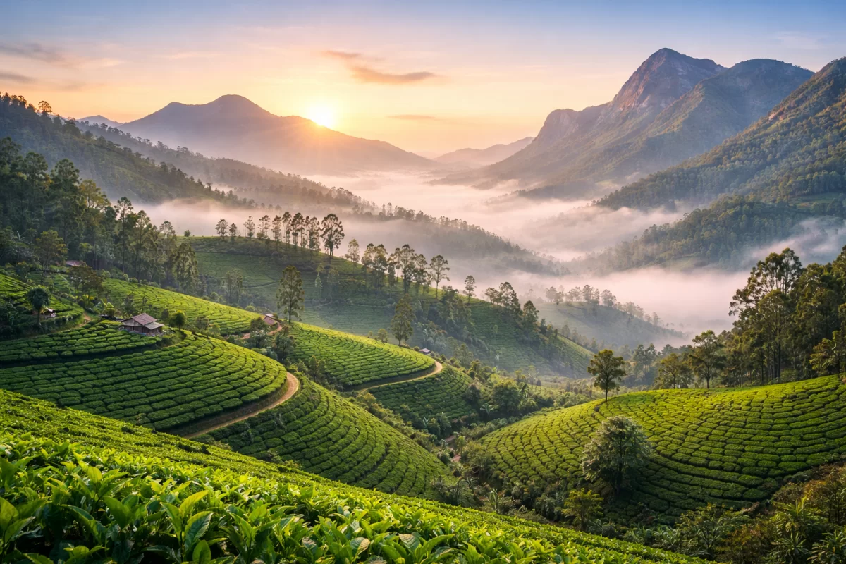 A stunning sunrise over the emerald green tea plantations of Munnar, Kerala. Rolling hills and misty valleys are bathed in golden light, showcasing the natural beauty included in our premium Munnar packages. A peaceful landscape featuring terraced gardens