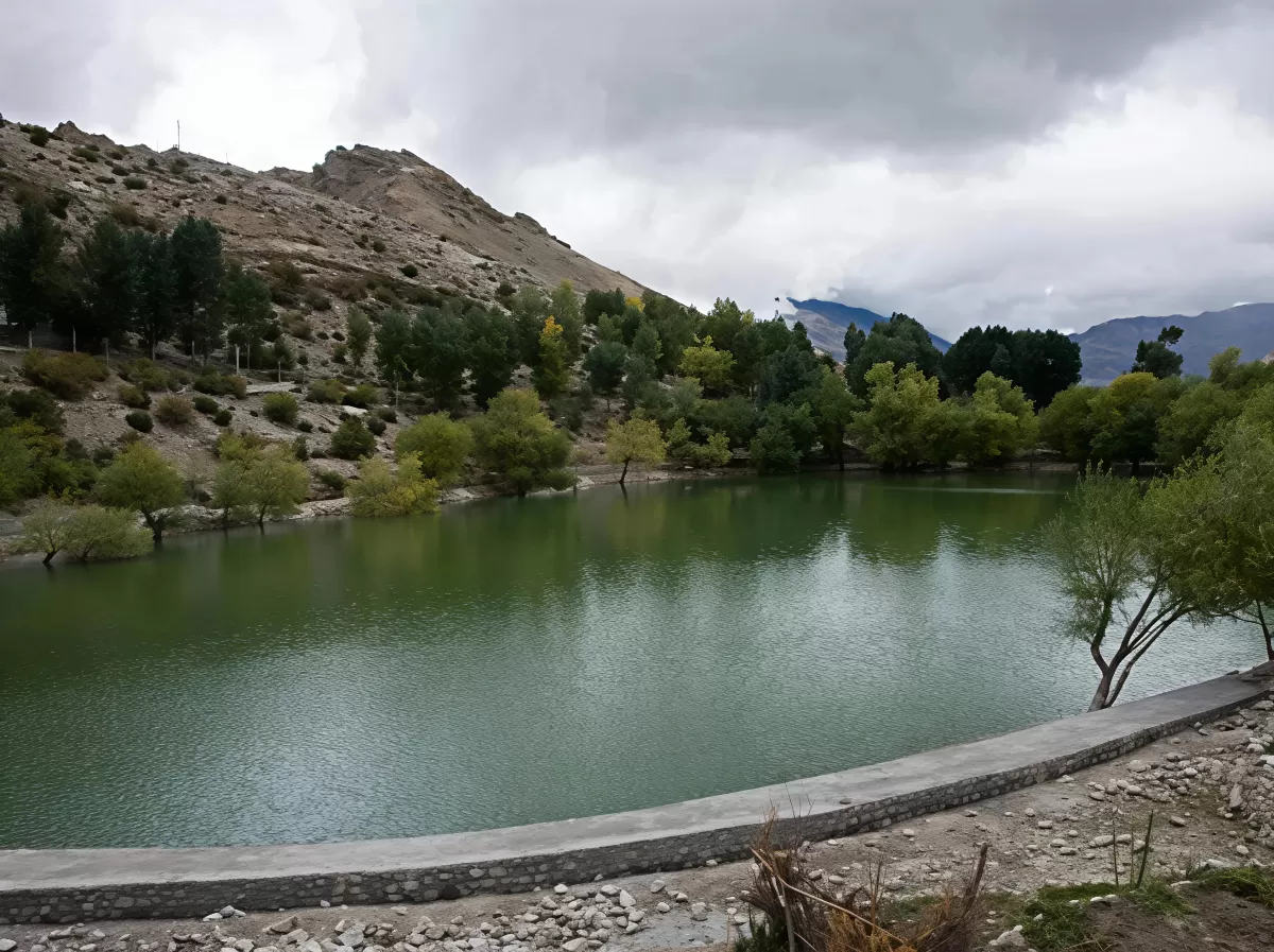 Nako Lake Spiti Valley during overcast skies, featuring green waters willow trees stone embankment rocky hills distant snow peaks, perfect nature experience Himachal Pradesh tour package.