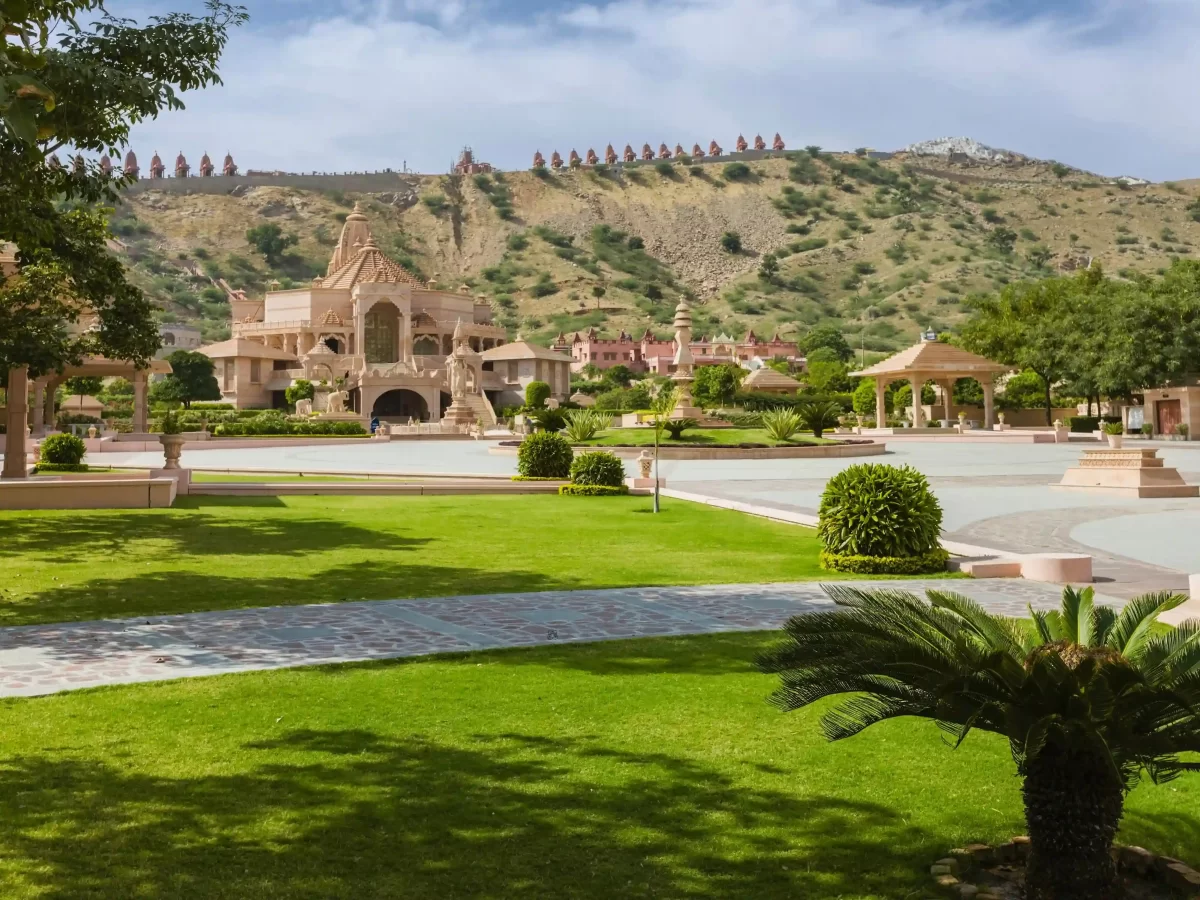 Nareli Gyanodaya Digambar Jain Temple Ajmer Striking modern architectural complex featuring twenty-four miniature temples on a hillside Rajasthan.