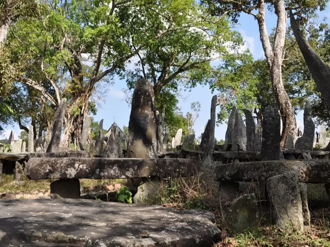 Nartiang Monoliths stone pillars at Jowai Meghalaya during sunny day, featuring tall megaliths stone platform trees backdrop, perfect cultural heritage Meghalaya tour package.