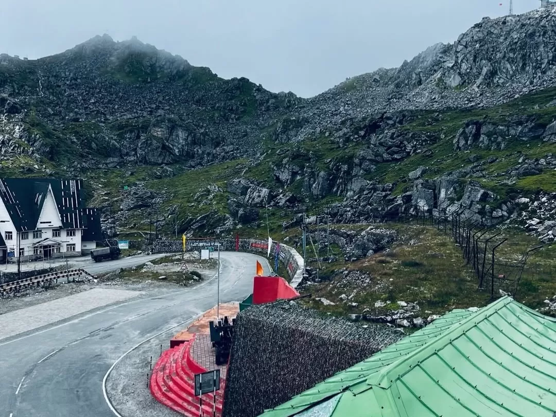Nathu La Pass Sikkim high altitude mountain pass on India China border with rugged Himalayan landscape