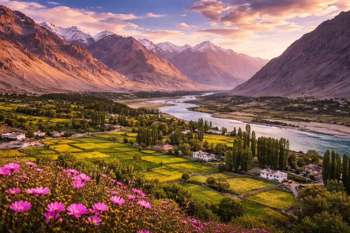 The majestic Diskit Monastery perched on a rugged hilltop overlooking the vast Nubra Valley, featured in a Nubra Valley tour package, with the giant Maitreya Buddha statue visible against a backdrop of towering brown mountains and a clear blue sky.