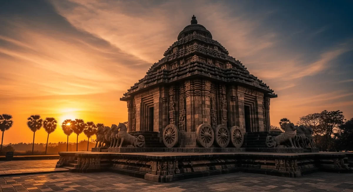 Konark Sun Temple at Odisha during sunset, featuring chariot wheels and stone horses, perfect adventure Odisha tour package.