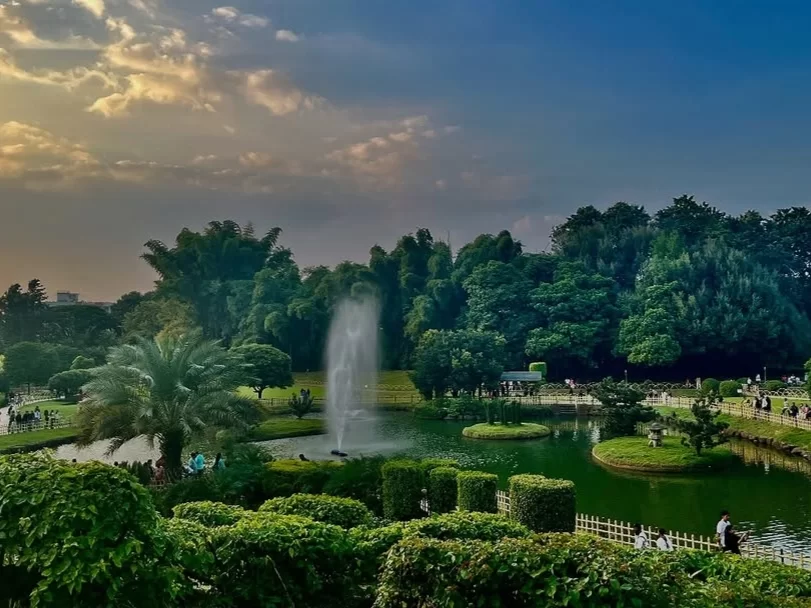 P L Deshpande Garden Pune. Japanese-style landscaped garden with serene lake, fountains and lush greenery.