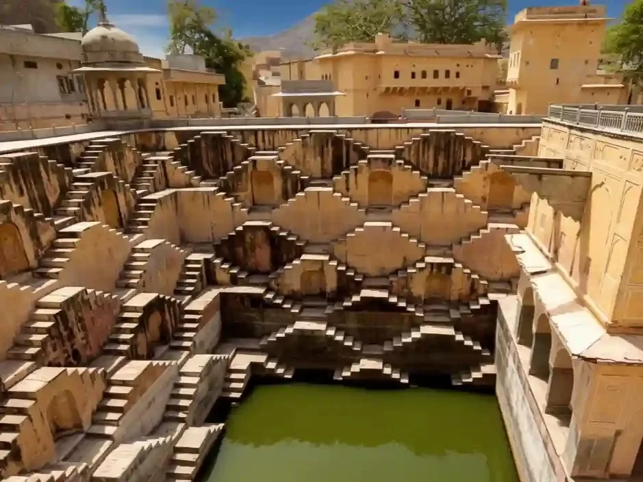 Panna Meena Ka Kund Jaipur Ancient eight-story square stepwell featuring symmetrical zigzag stairs and golden-hued stone Rajasthan.