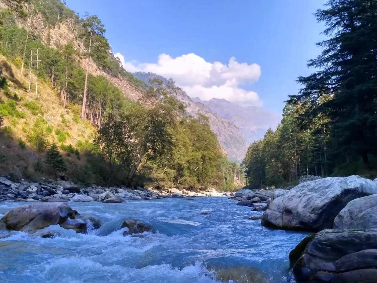 Parvati River Kasol Parvati Valley Himachal Pradesh during clear blue skies partly cloudy, featuring turquoise rapids large boulders pine forested rugged Himalayan peaks backdrop, perfect cultural experience Himachal tour package.