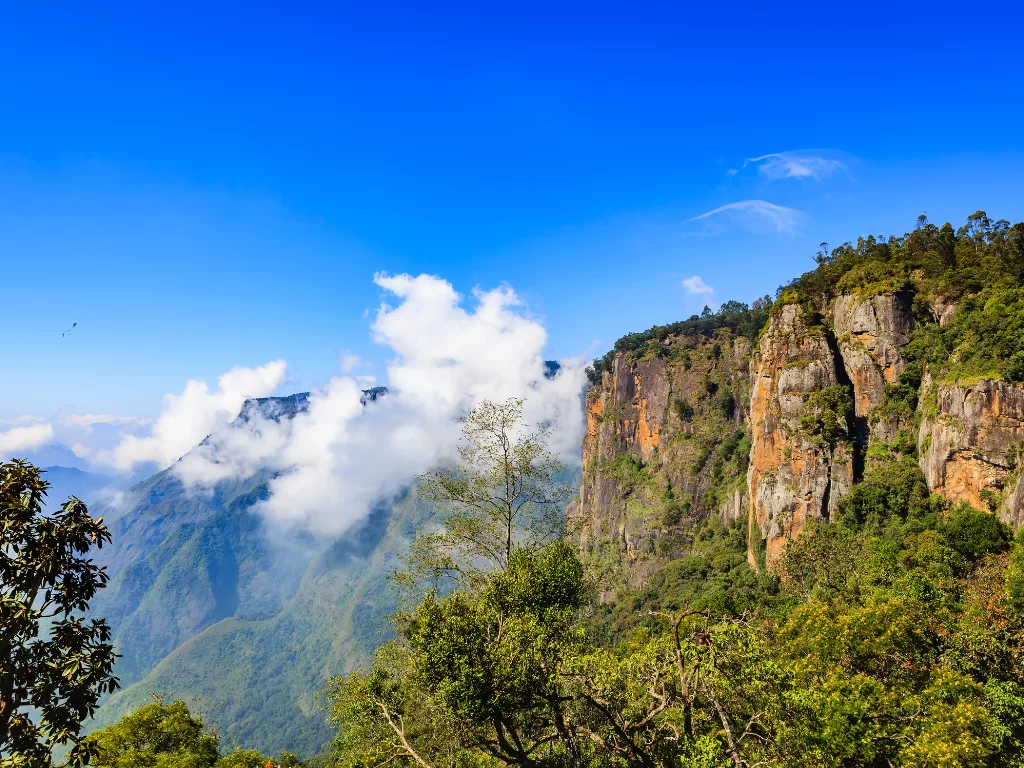 Pillar Rocks at Kodaikanal during sunny day, featuring towering cliffs, misty valleys, green forests, perfect adventure experience Tamil Nadu tour packages.