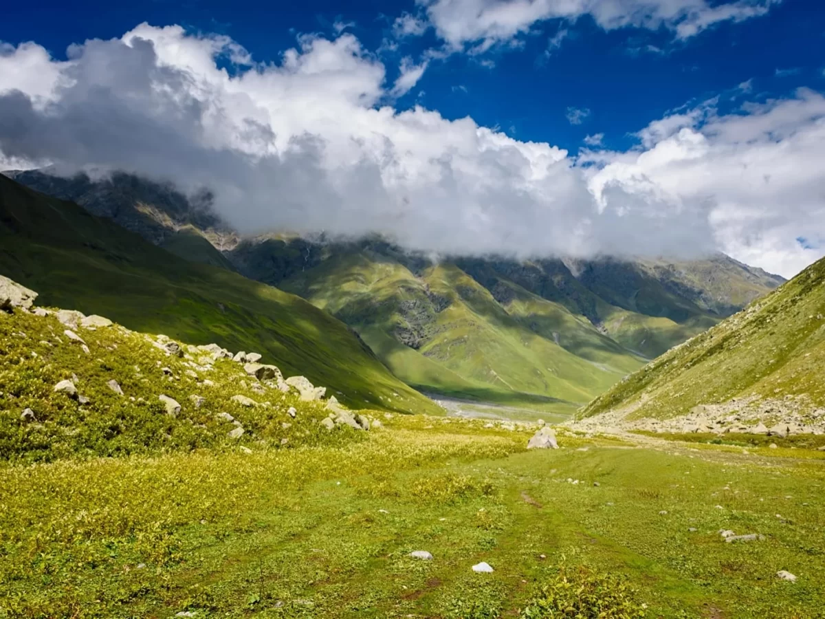 Pin Valley National Park near Kaza during partly cloudy skies, featuring lush green valleys rocky slopes snow mountains meadows, perfect adventure experience Himachal tour package.