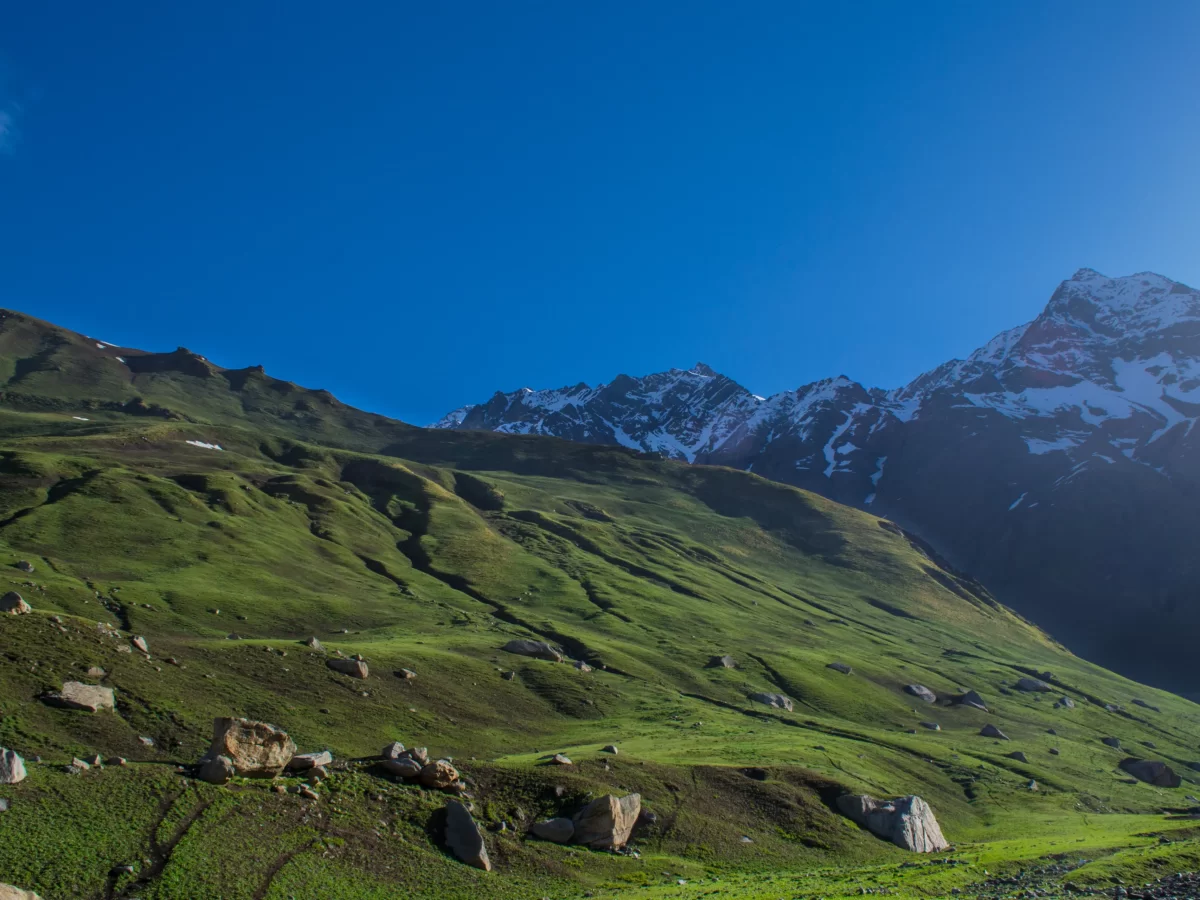 Pin Valley National Park near Kaza during clear skies, featuring lush green meadows rocky slopes snow peaks, perfect adventure experience Himachal tour package.