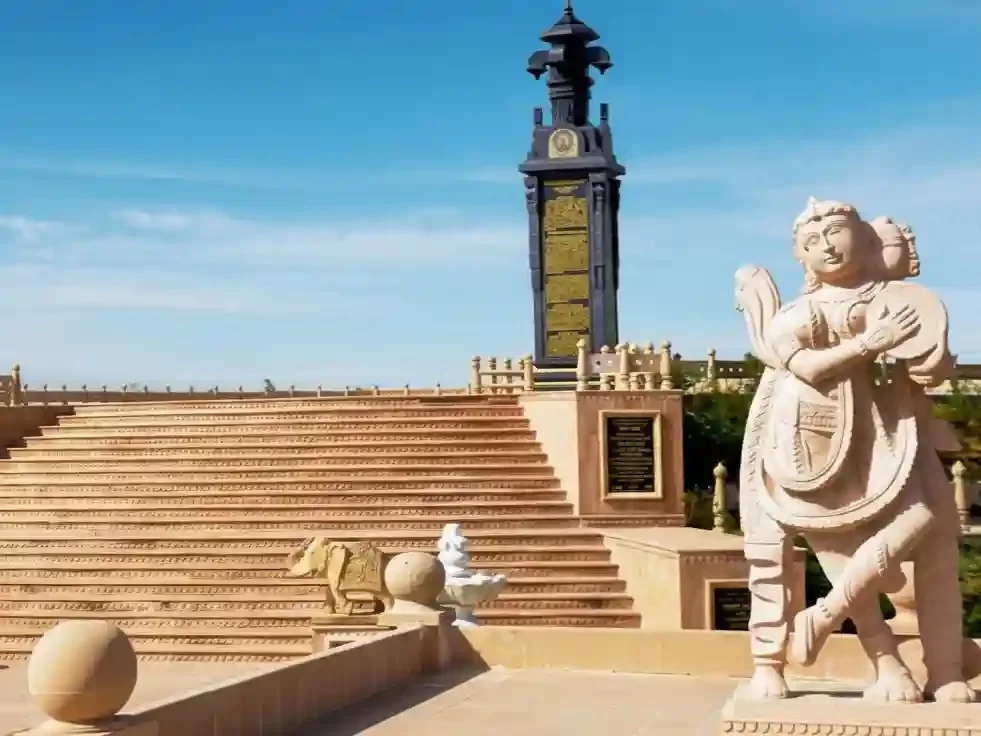 Pragya Shikhar Todgarh Massive black granite memorial monument atop a hill in the Aravalli range Rajasthan.