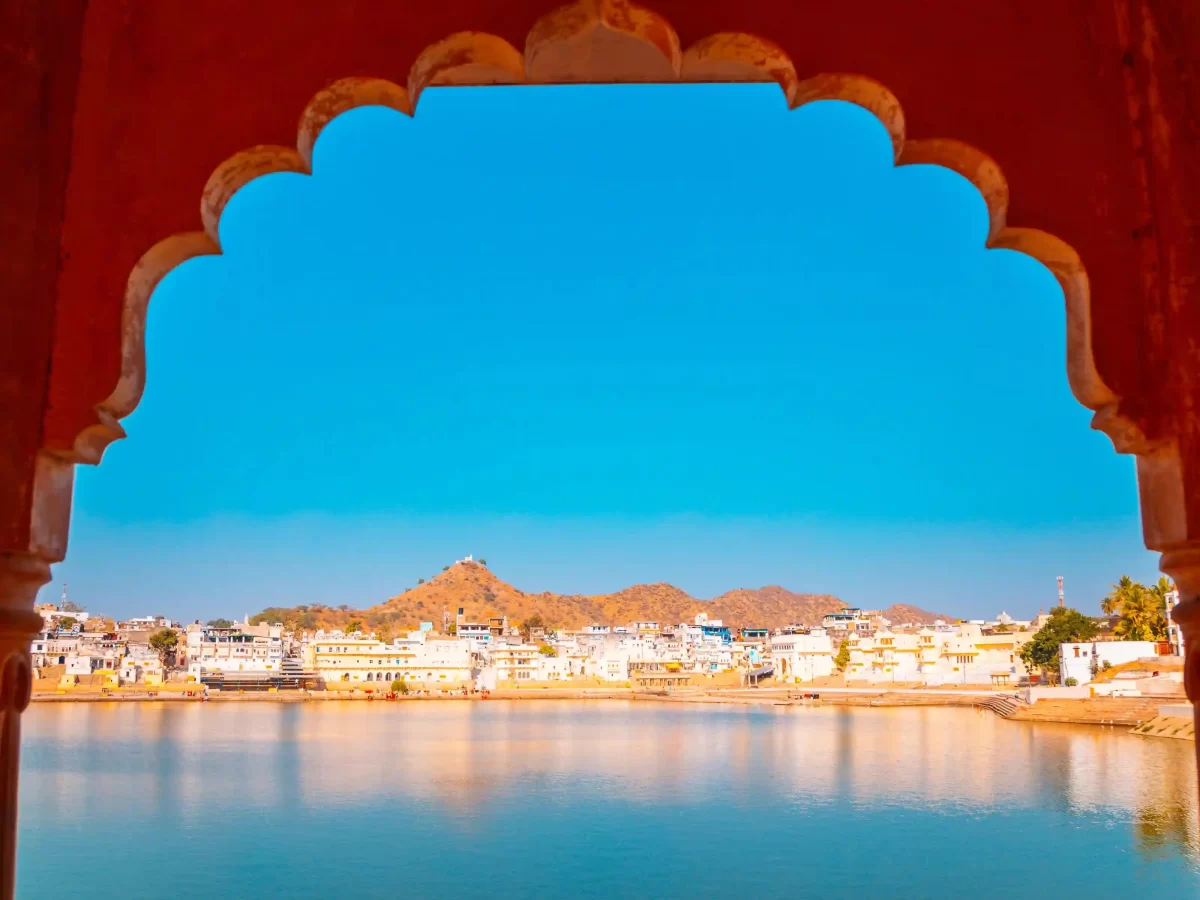 Pushkar Lake Rajasthan Sacred freshwater lake surrounded by fifty-two stone ghats and white domed Hindu temples.
