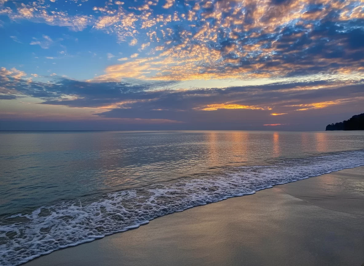 Radhanagar Beach Beach No.7 Havelock Island Andaman Nicobar sunset during dramatic cloudy sky, featuring turquoise waves, white sand, perfect tropical paradise tour package. 