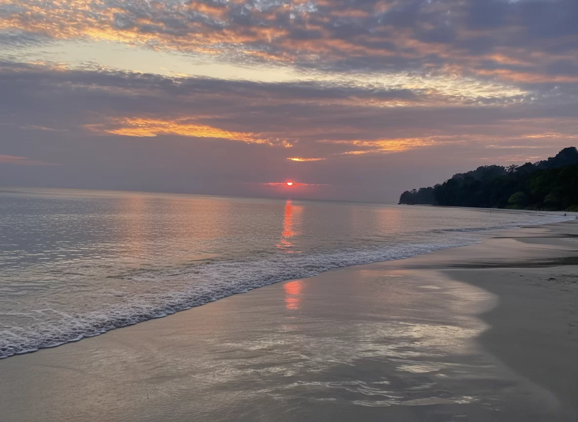 Radhanagar Beach Beach No.7 Havelock Island Andaman Nicobar sunset panorama during cloudy sky, featuring turquoise ocean waves, distant islands, perfect tropical beach tour package.