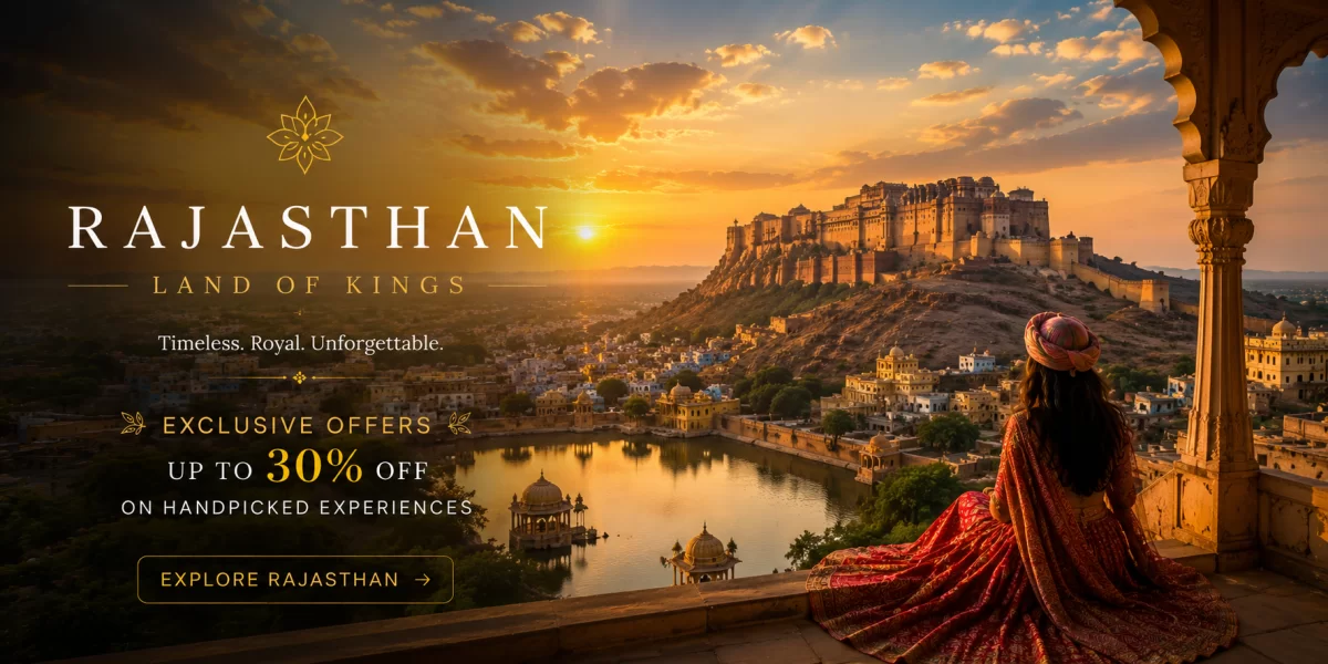 Woman in traditional Rajasthani attire overlooking majestic desert fort, heritage palaces, and golden sunset landscape with lakes and historic architecture in royal Rajasthan India.