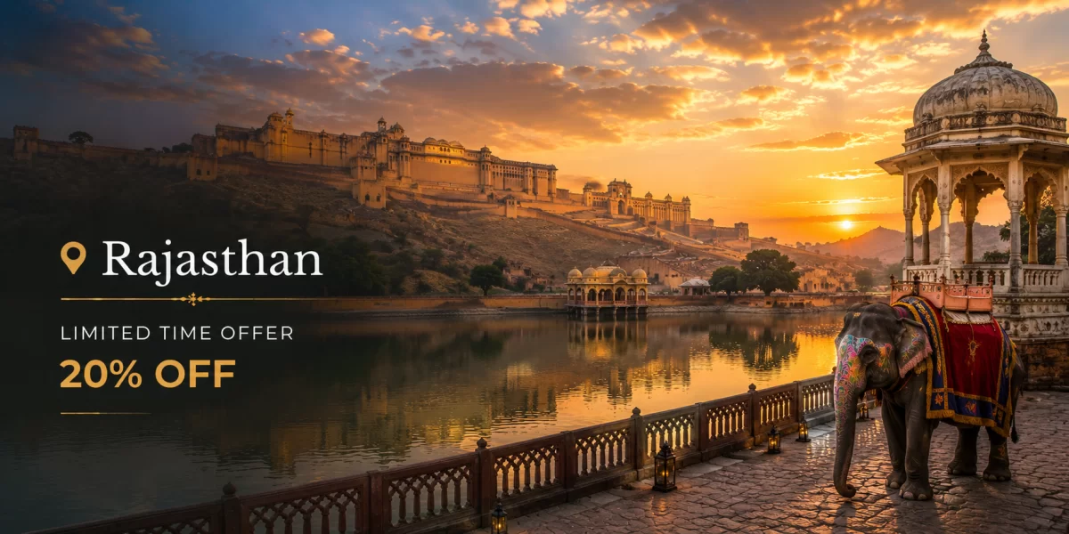 Rajasthan heritage landscape featuring Amber Fort, royal palace architecture, lakeside sunset views, and decorated elephant showcasing traditional Rajasthani culture.