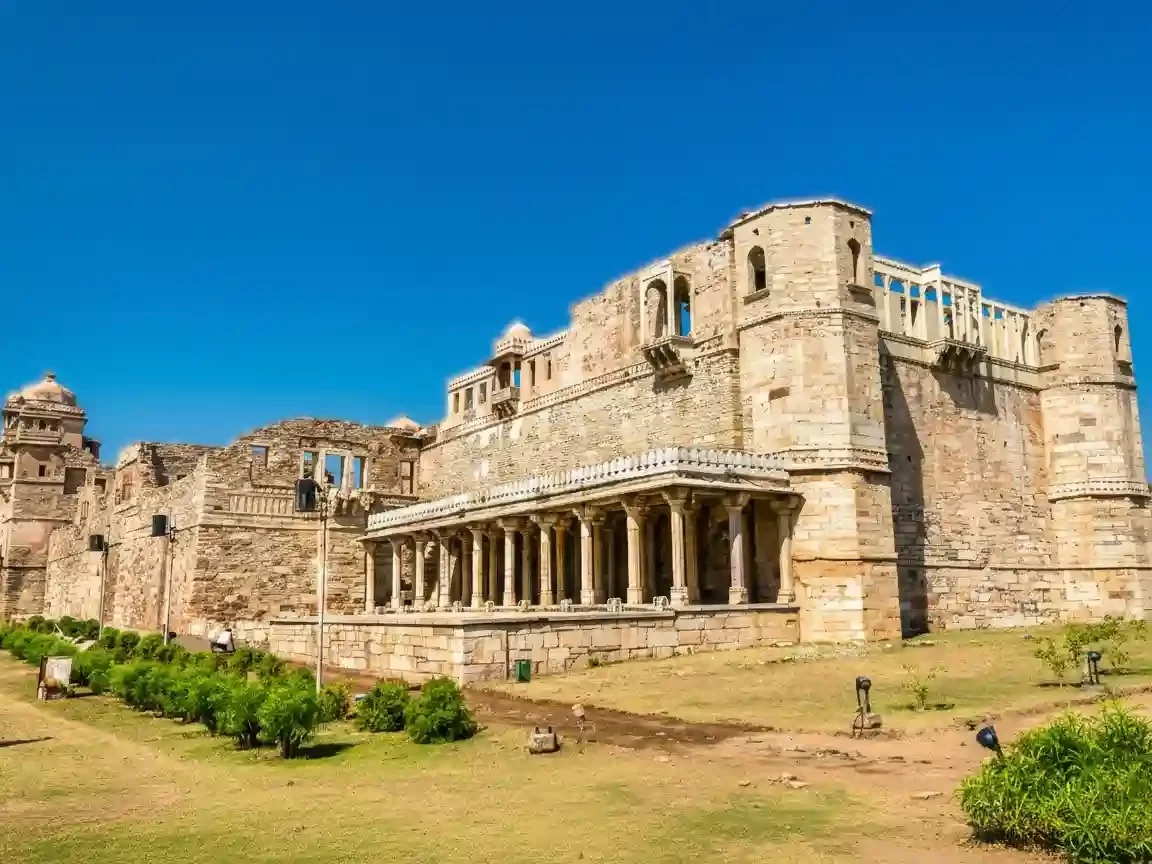 Rana Kumbha Palace Chittorgarh Ruined 15th-century royal residence featuring massive stone arched gates and the birthplace of Maharana Udai Singh Rajasthan.